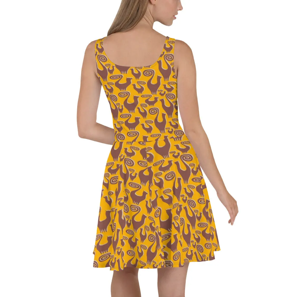 Mustard Snooty Cats Scatter designer Skater Dress by John A. Conroy