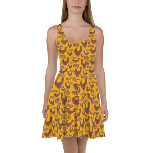 Mustard Snooty Cats Scatter designer Skater Dress by John A. Conroy