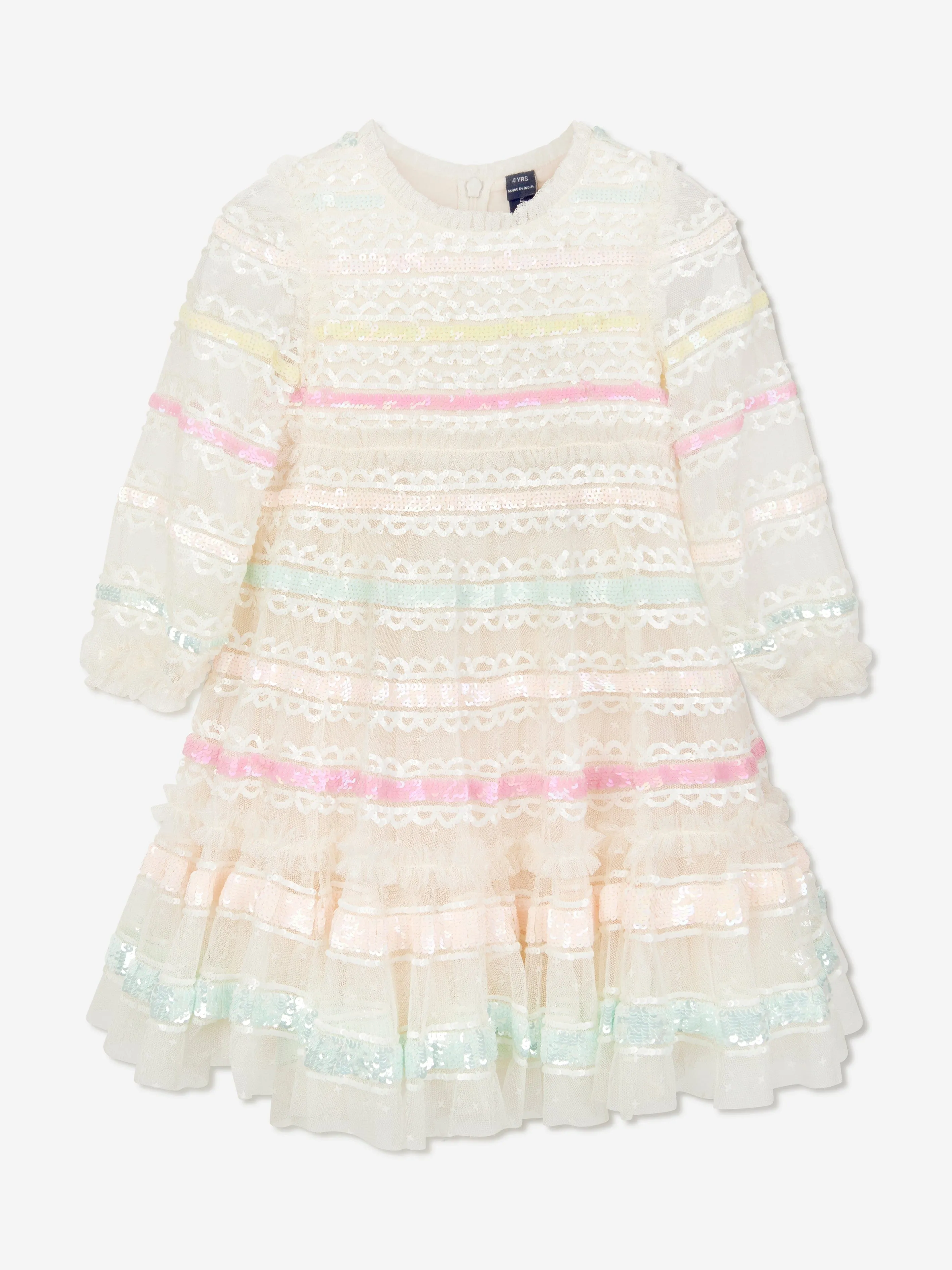 Needle & Thread Girls Long Sleeve Rainbow Dress in Cream