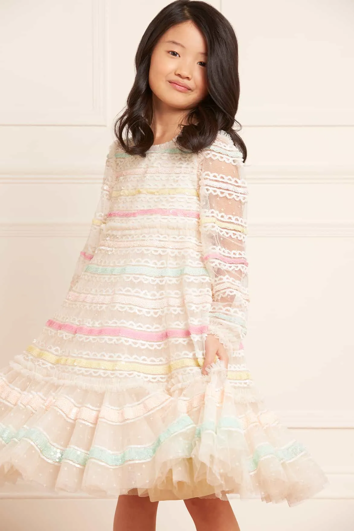 Needle & Thread Girls Long Sleeve Rainbow Dress in Cream