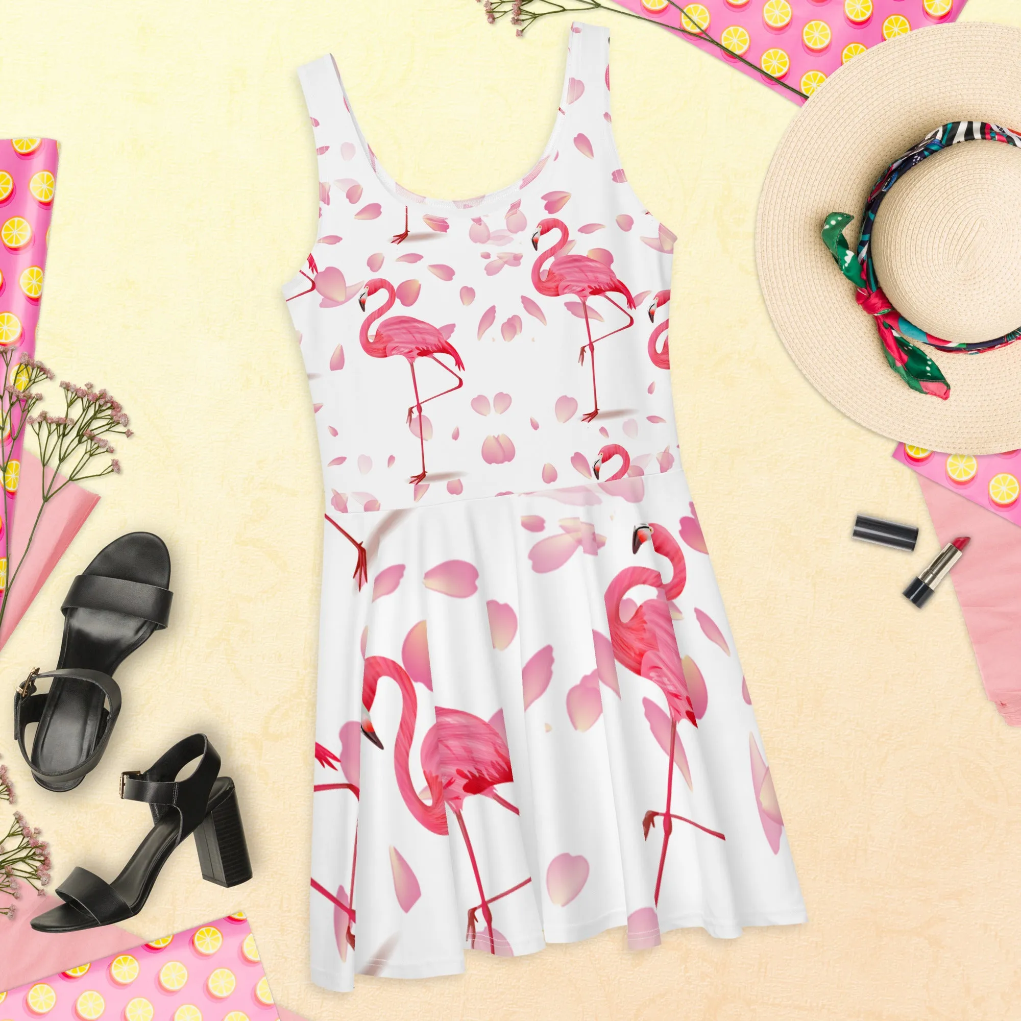 Pink Flamingos Petals Skater Dress