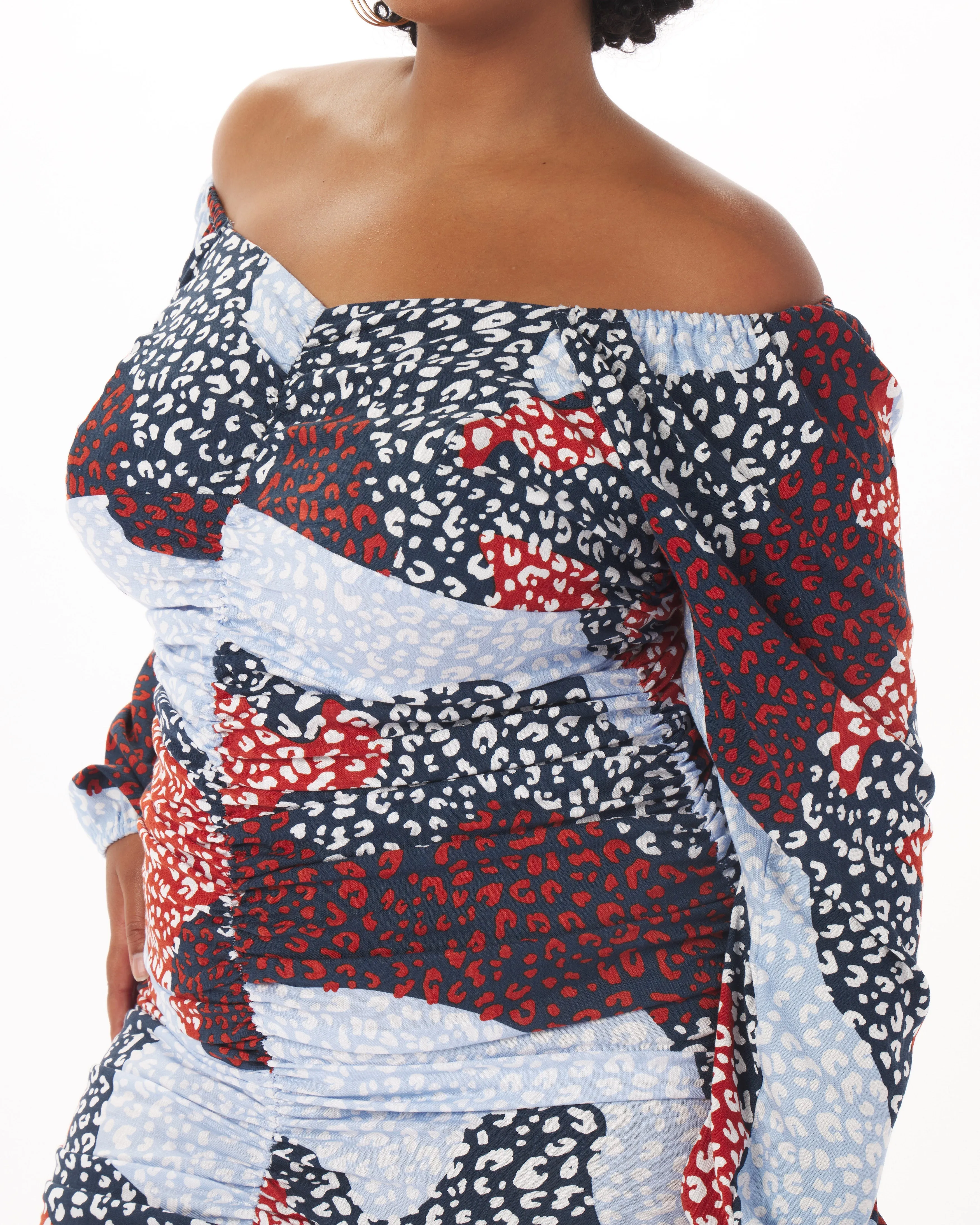 "Ana" Ruched Dress in Patchwork Animal