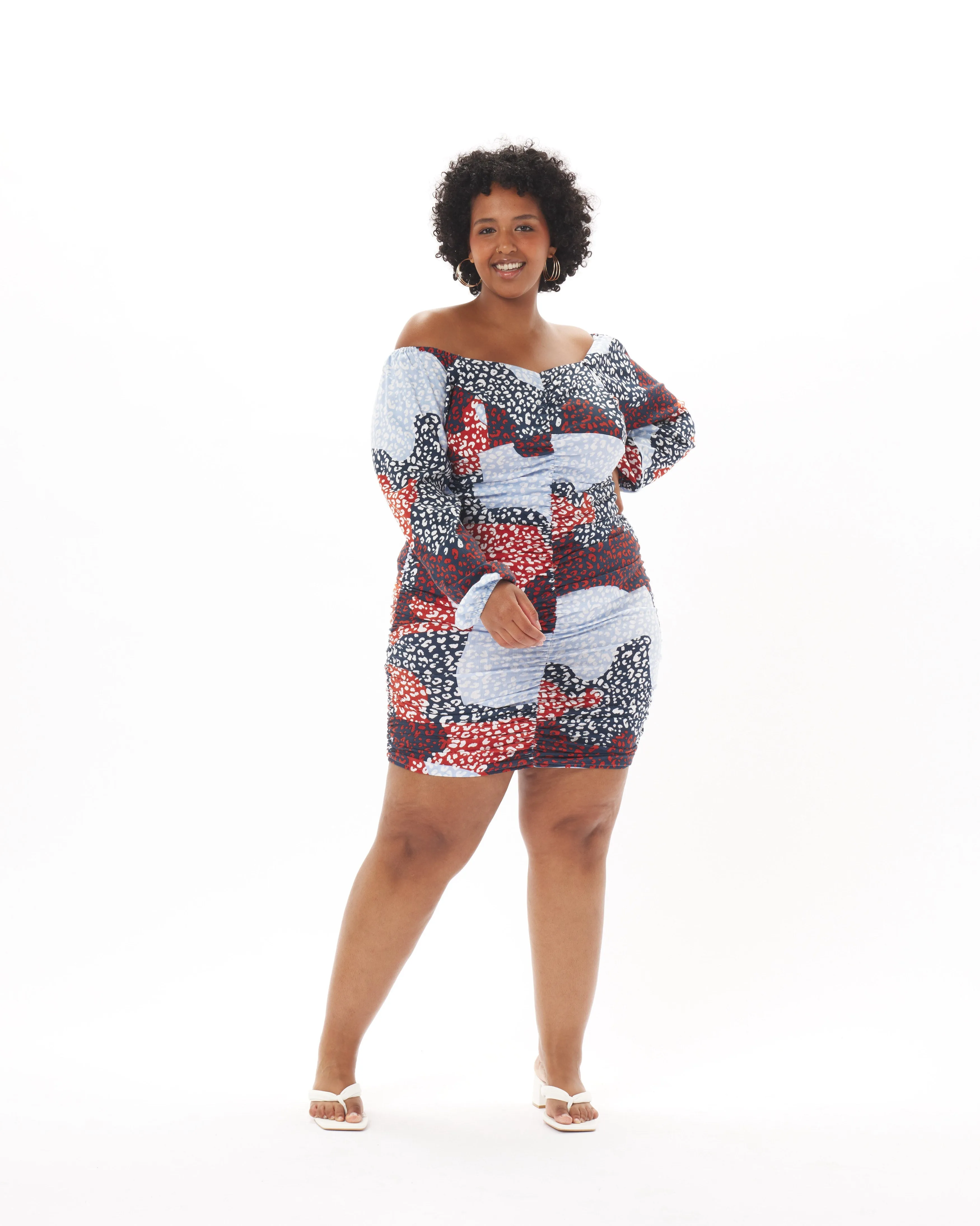 "Ana" Ruched Dress in Patchwork Animal