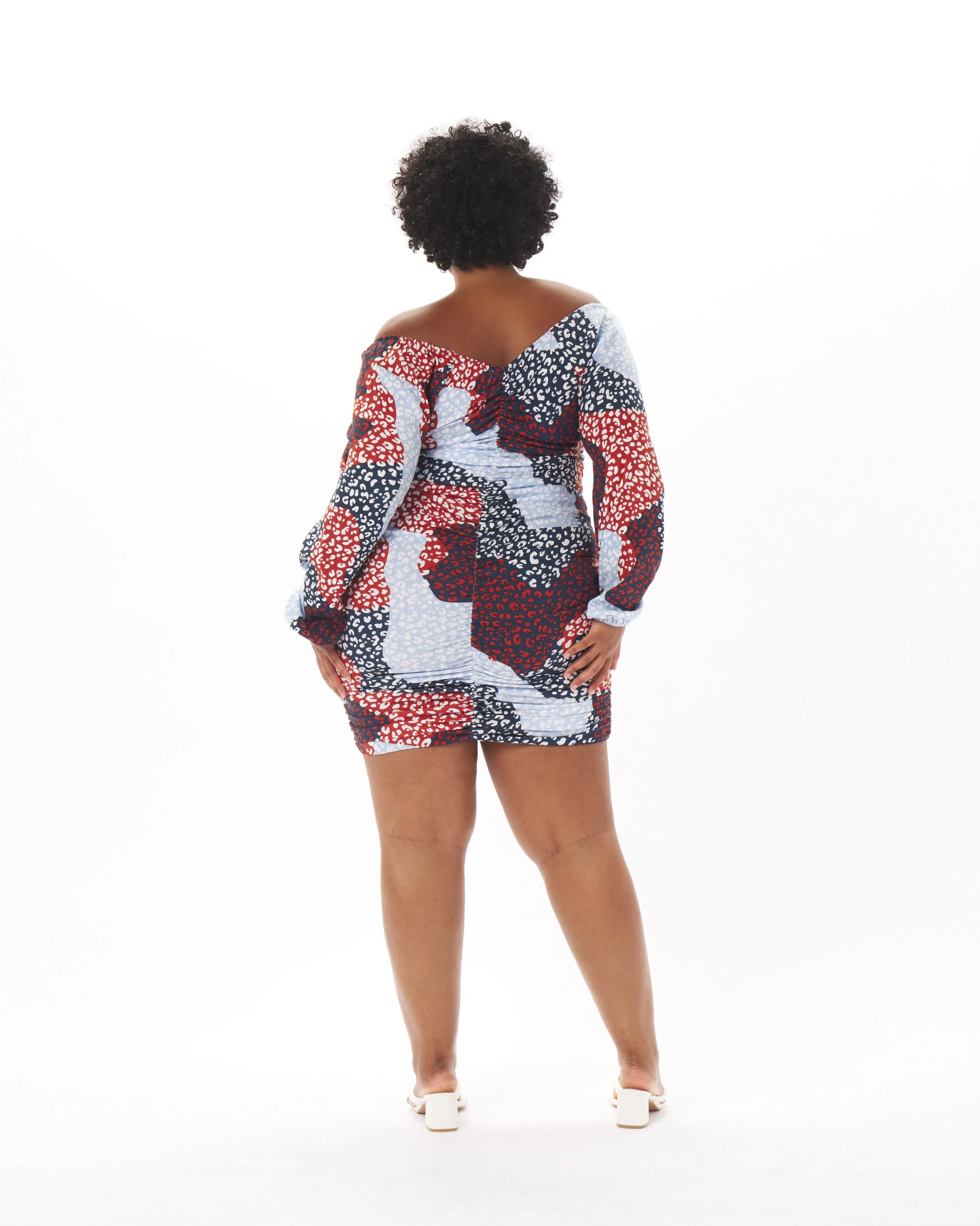 "Ana" Ruched Dress in Patchwork Animal