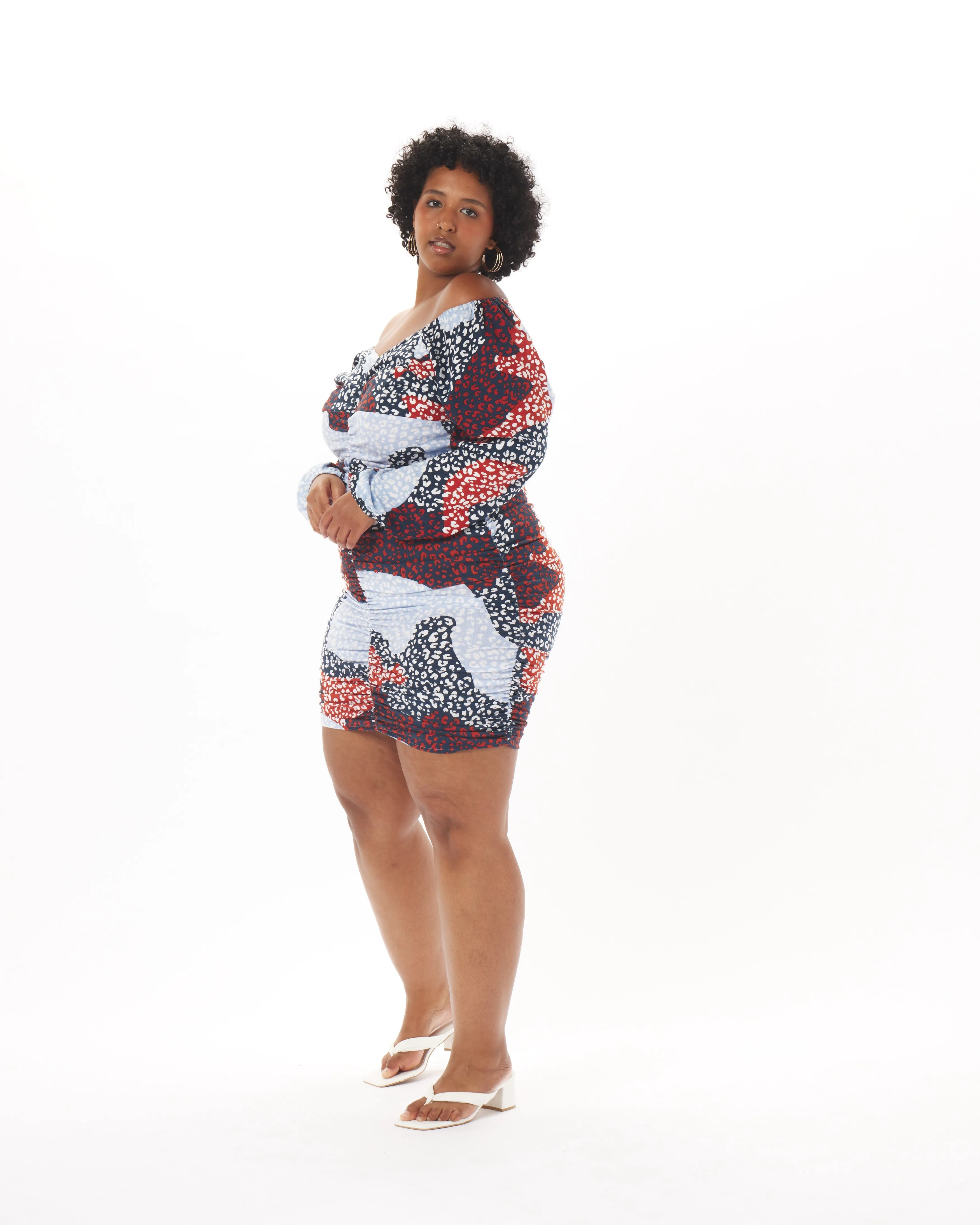 "Ana" Ruched Dress in Patchwork Animal