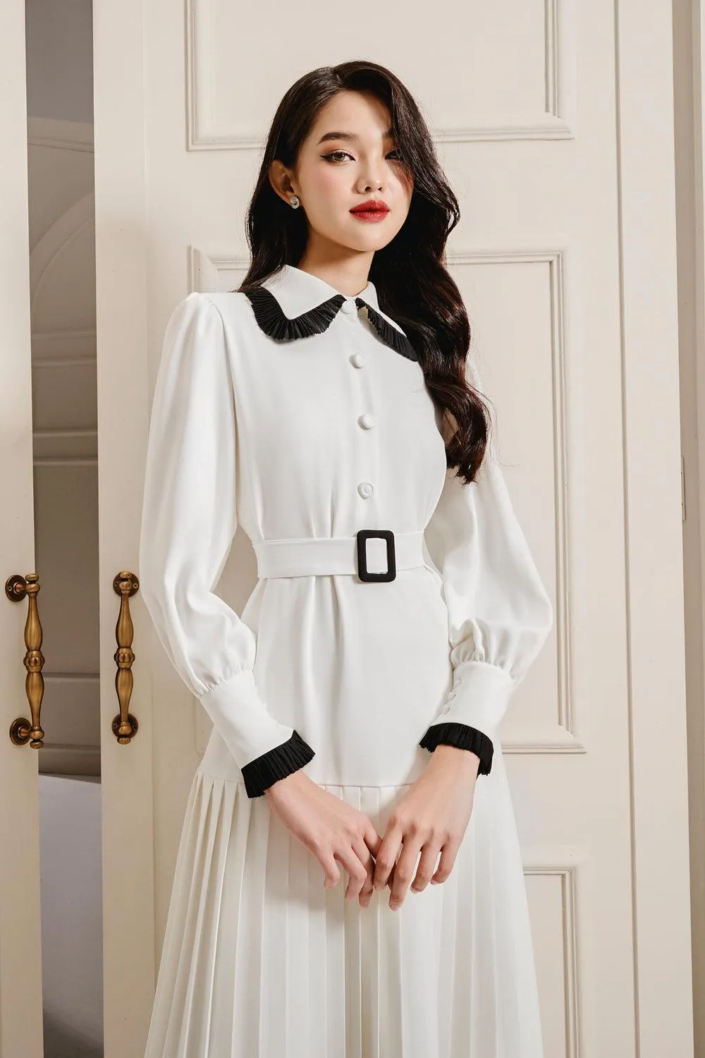 Randy Drop Waist Pleated Cotton Silk Midi Dress