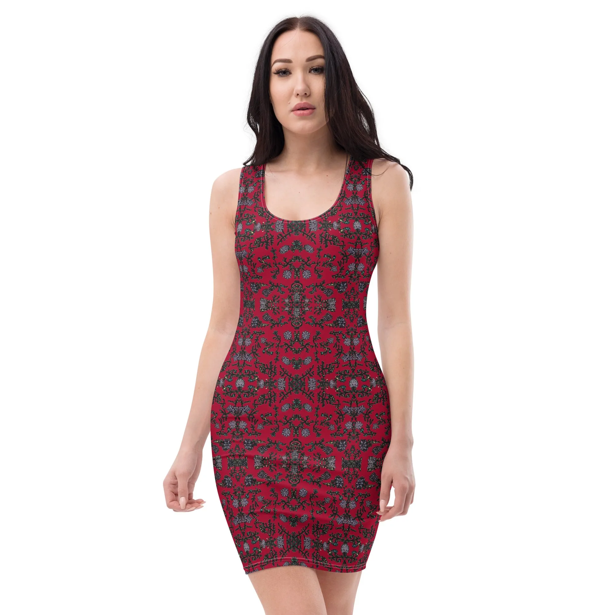 Red Floral Print Dress, Flower Print Classic Tank Sleeveless Comfy Dress- Made in USA/EU/MX