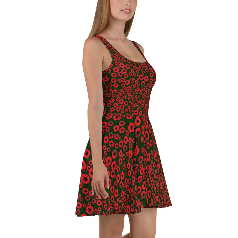 Red Flowers Burst designer Skater Dress by John A. Conroy