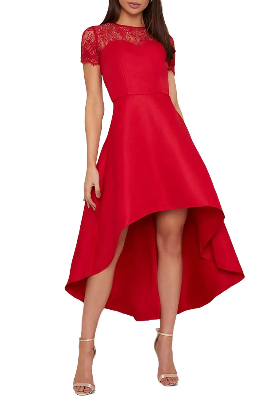Red Oti Lace Back High Low Midi Dress