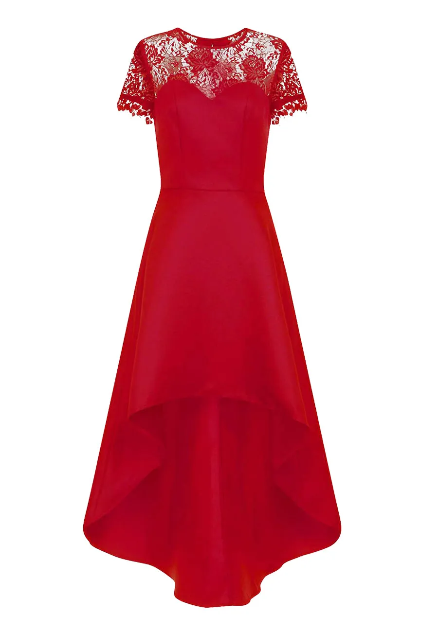 Red Oti Lace Back High Low Midi Dress