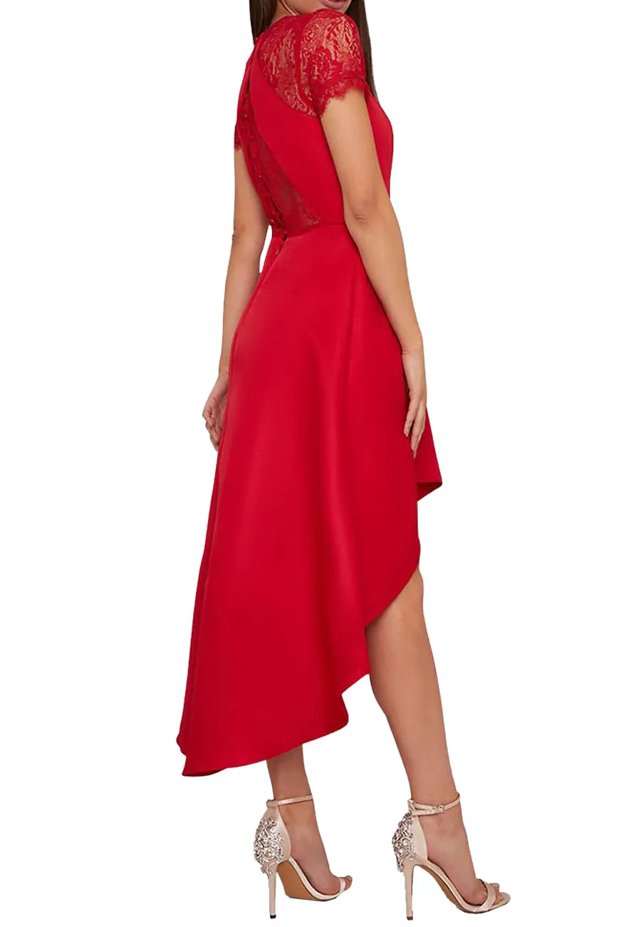 Red Oti Lace Back High Low Midi Dress