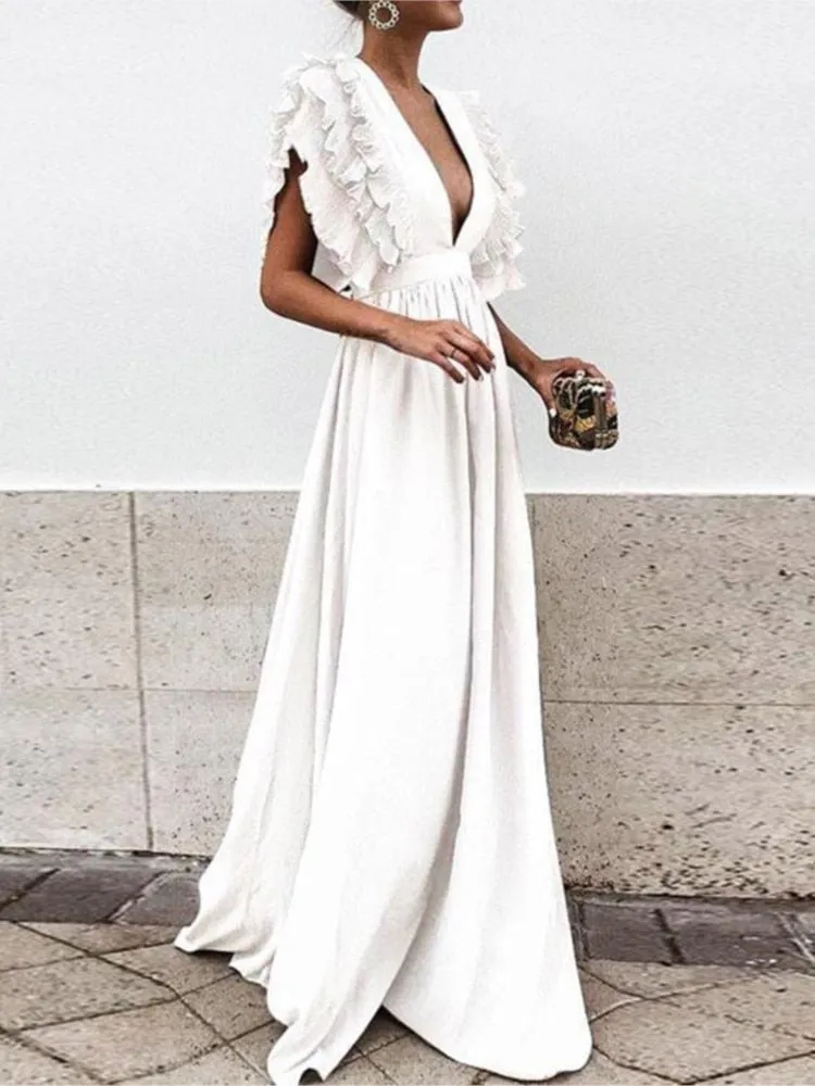 Sexy Deep V-Neck High Waist Ruffle Short Sleeve Dress