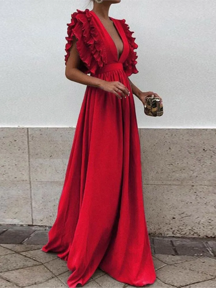Sexy Deep V-Neck High Waist Ruffle Short Sleeve Dress