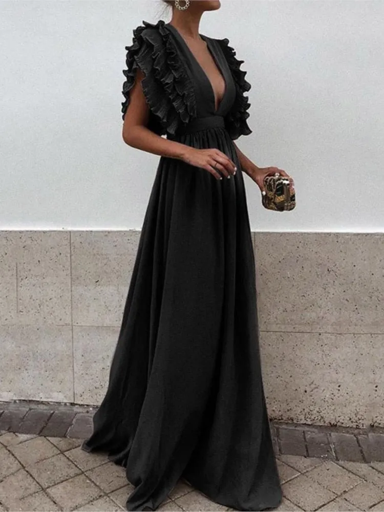 Sexy Deep V-Neck High Waist Ruffle Short Sleeve Dress