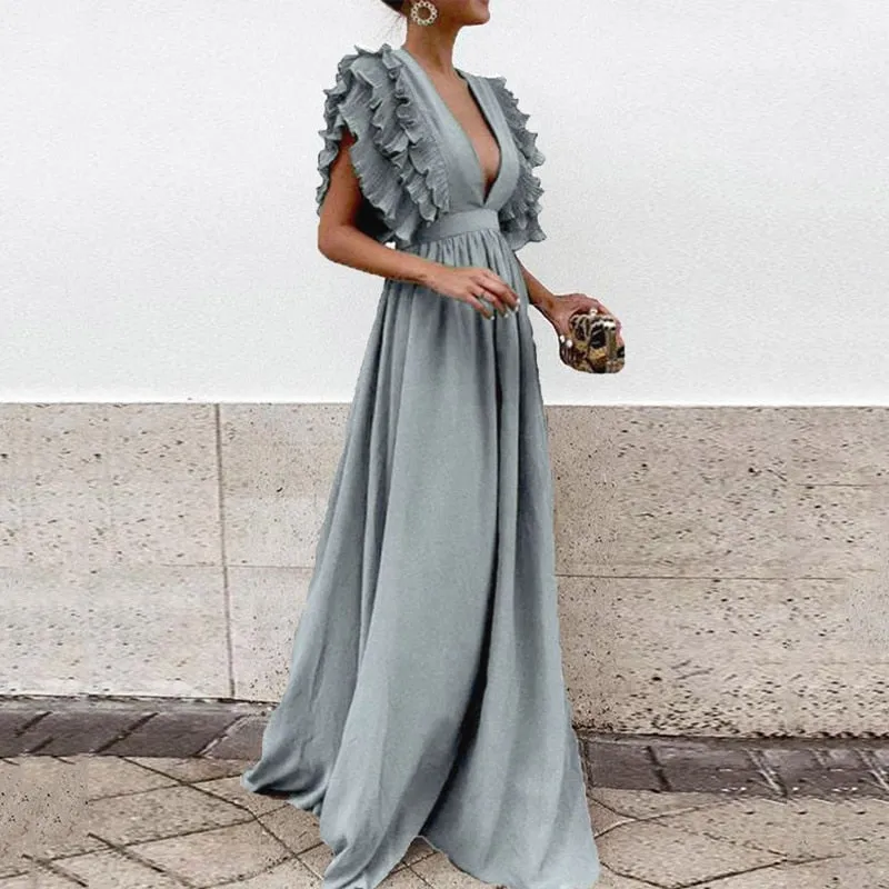 Sexy Deep V-Neck High Waist Ruffle Short Sleeve Dress
