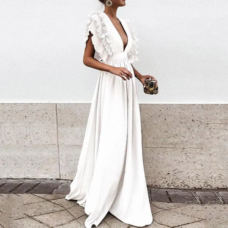 Sexy Deep V-Neck High Waist Ruffle Short Sleeve Dress