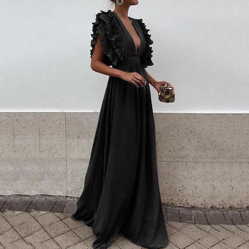 Sexy Deep V-Neck High Waist Ruffle Short Sleeve Dress