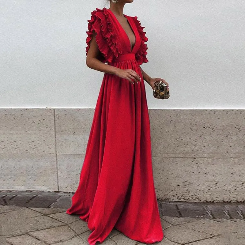Sexy Deep V-Neck High Waist Ruffle Short Sleeve Dress