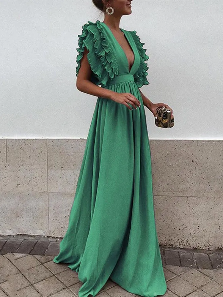 Sexy Deep V-Neck High Waist Ruffle Short Sleeve Dress