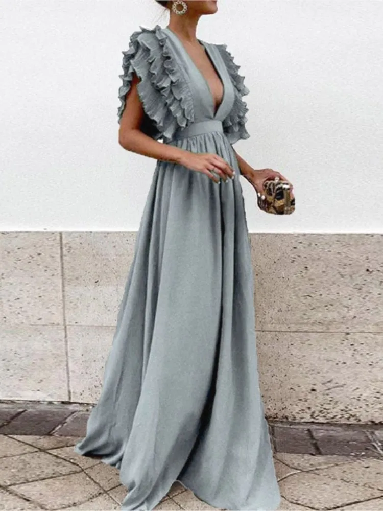 Sexy Deep V-Neck High Waist Ruffle Short Sleeve Dress