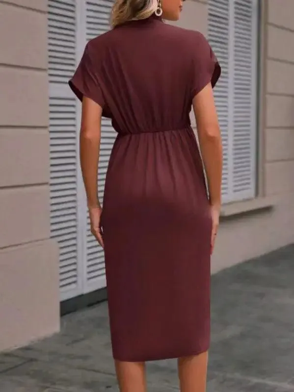 Summer Batwing Sleeve Dress Fashion V-neck Short Sleeve Pleated Dresses Womens Clothing