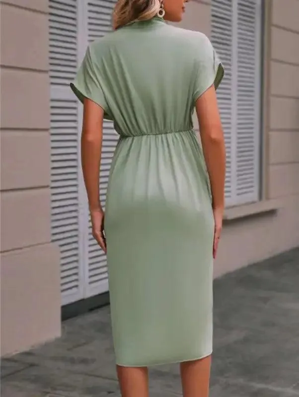 Summer Batwing Sleeve Dress Fashion V-neck Short Sleeve Pleated Dresses Womens Clothing