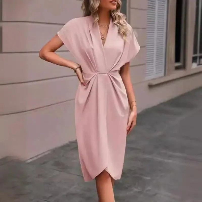 Summer Batwing Sleeve Dress Fashion V-neck Short Sleeve Pleated Dresses Womens Clothing