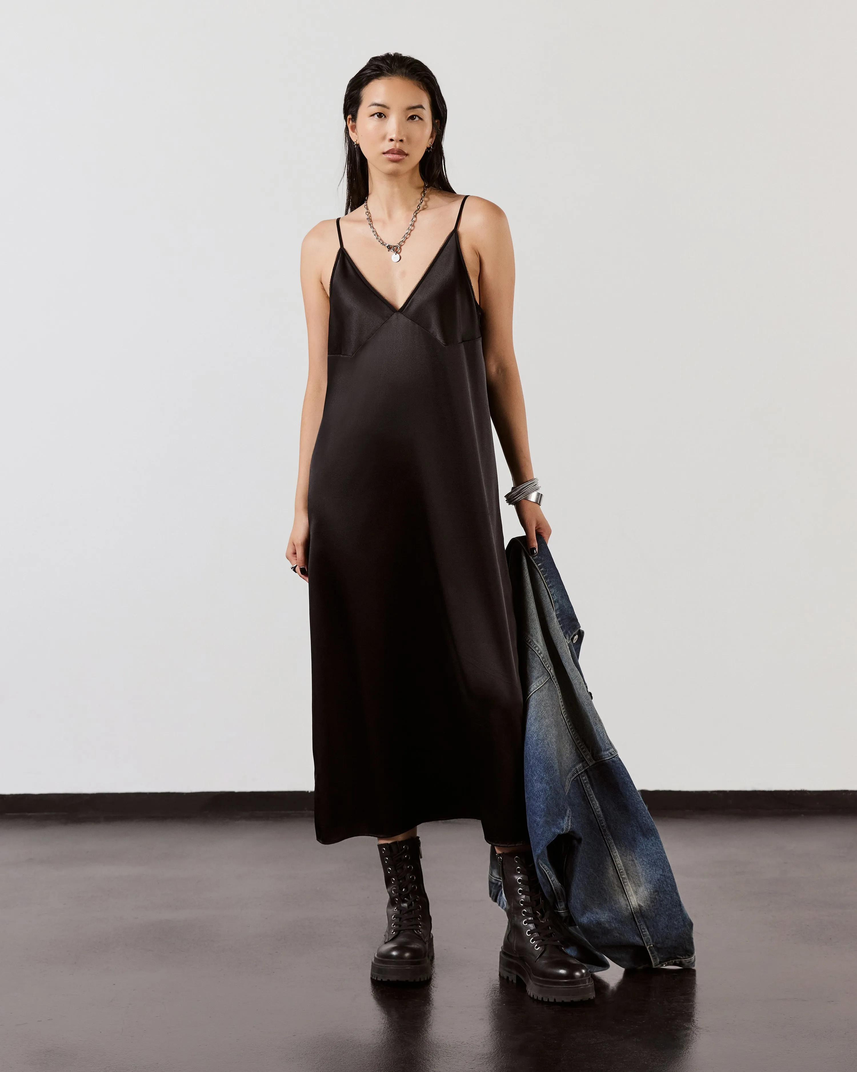 The Black Long Silk Slip Dress