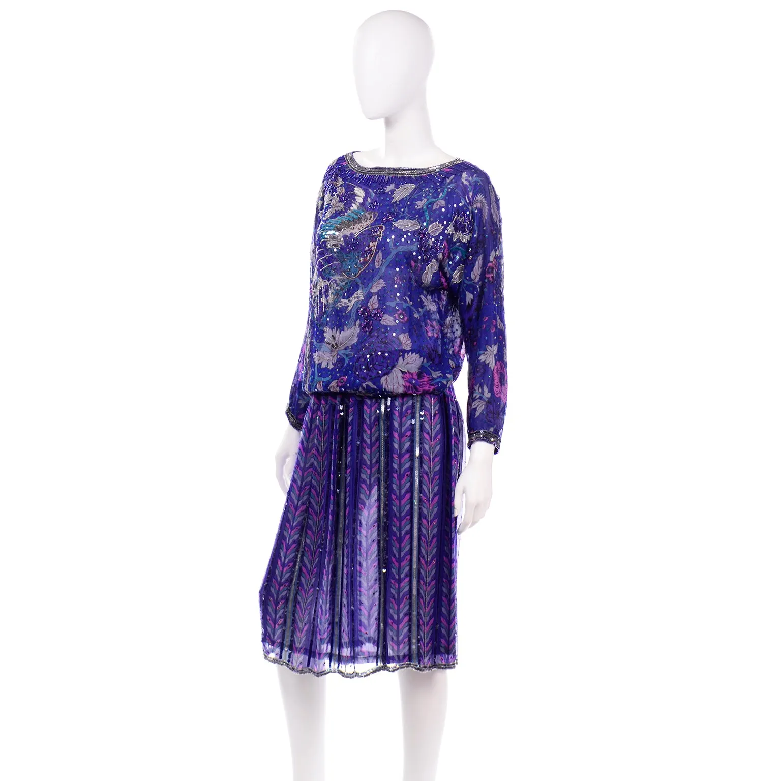 Vintage Judith Ann Creations Silk Beaded Sequin 2 pc Dress W Bird Motif