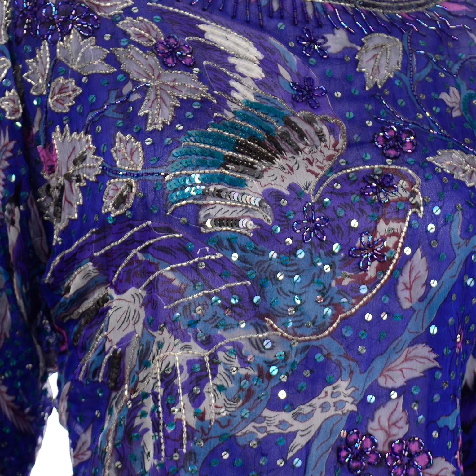 Vintage Judith Ann Creations Silk Beaded Sequin 2 pc Dress W Bird Motif