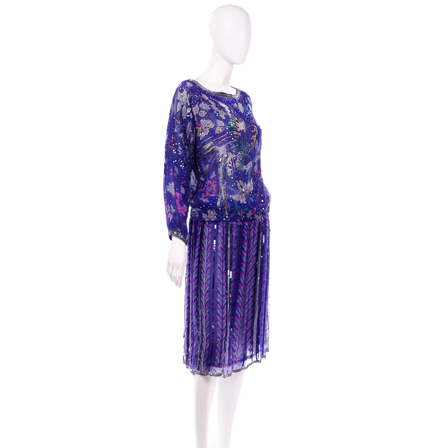 Vintage Judith Ann Creations Silk Beaded Sequin 2 pc Dress W Bird Motif
