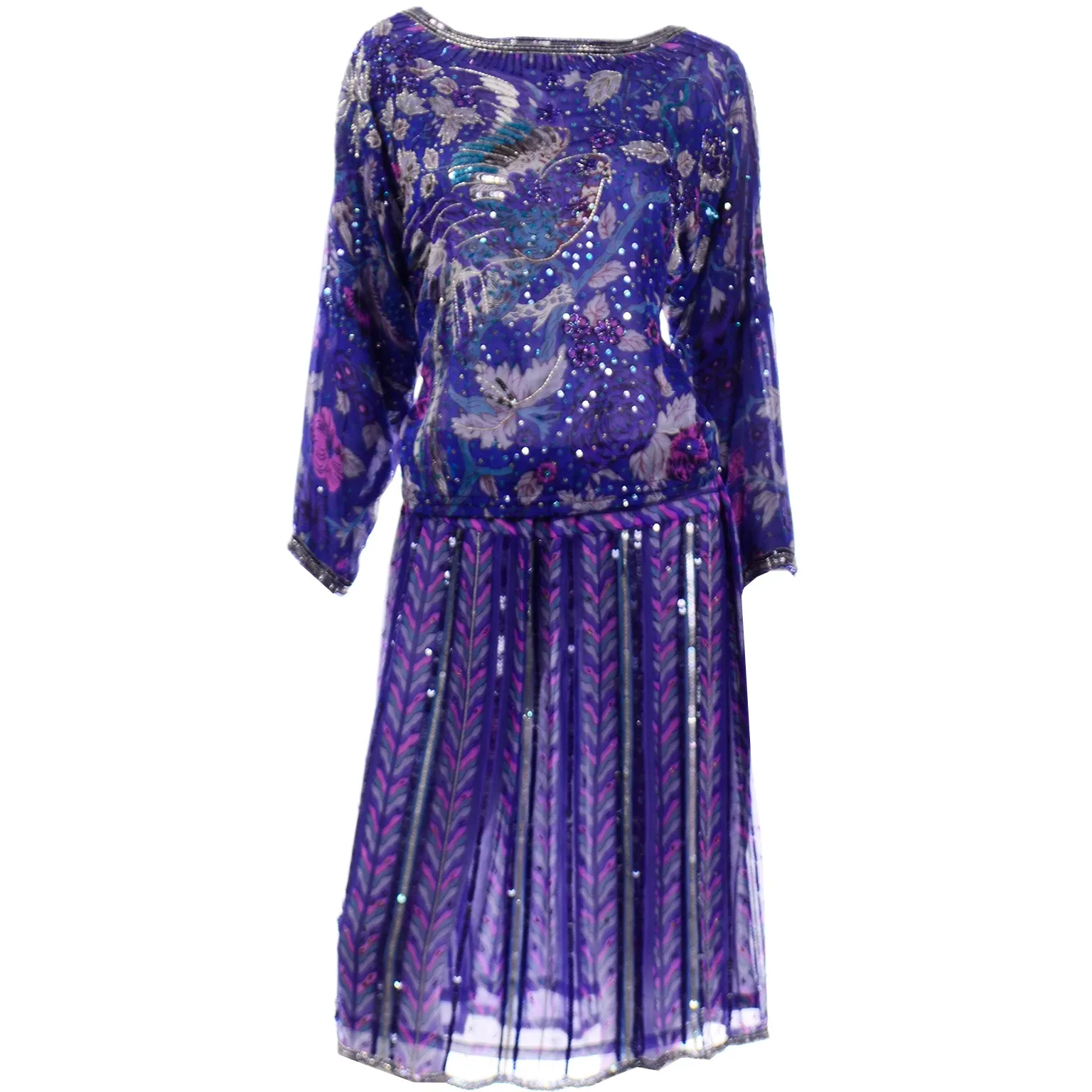 Vintage Judith Ann Creations Silk Beaded Sequin 2 pc Dress W Bird Motif