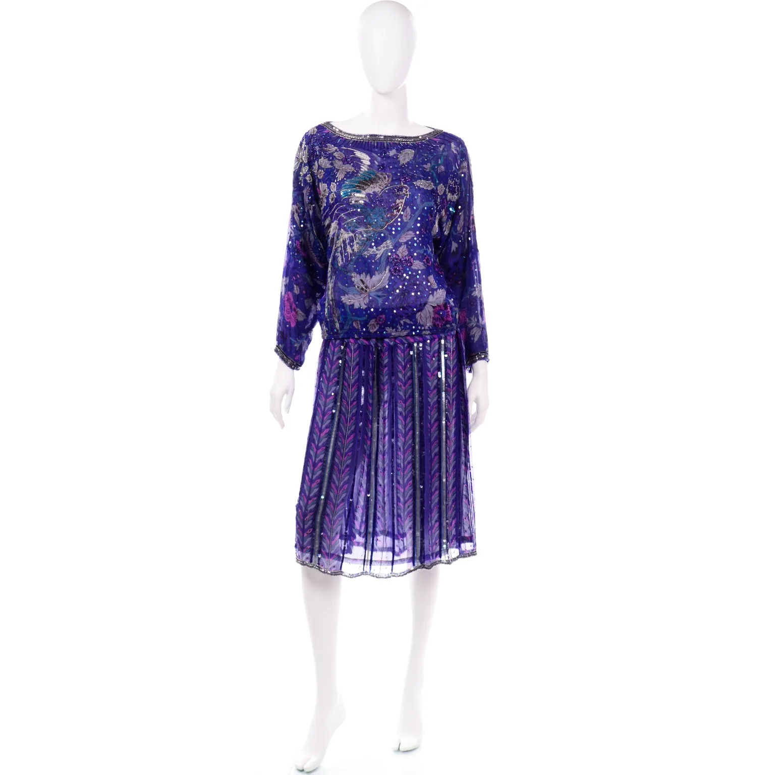 Vintage Judith Ann Creations Silk Beaded Sequin 2 pc Dress W Bird Motif