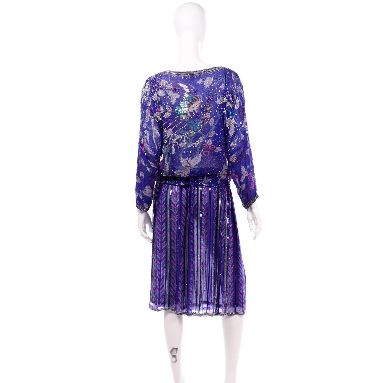 Vintage Judith Ann Creations Silk Beaded Sequin 2 pc Dress W Bird Motif